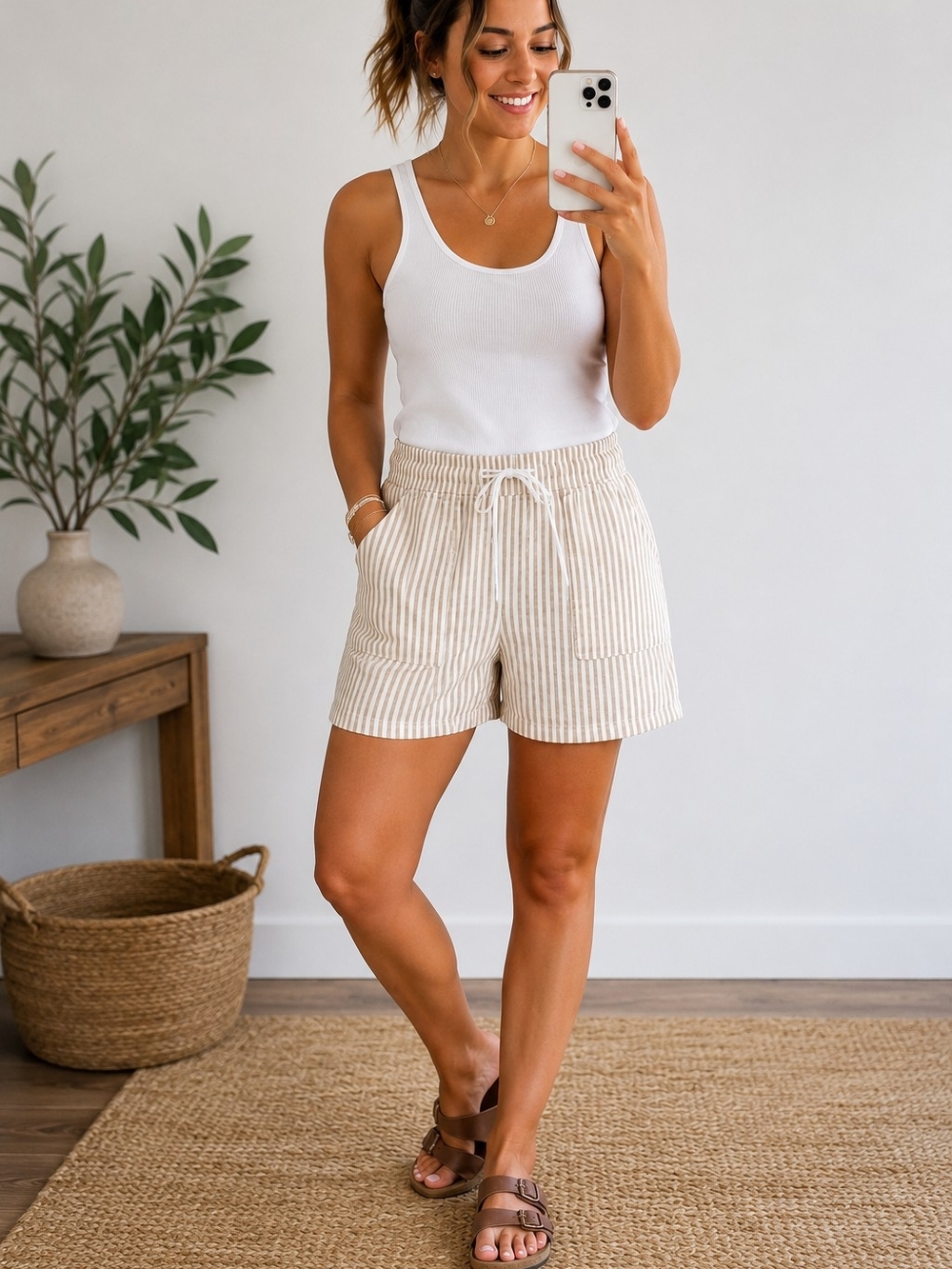 Women's Striped Rayon-Linen Blend Shorts – Size Large